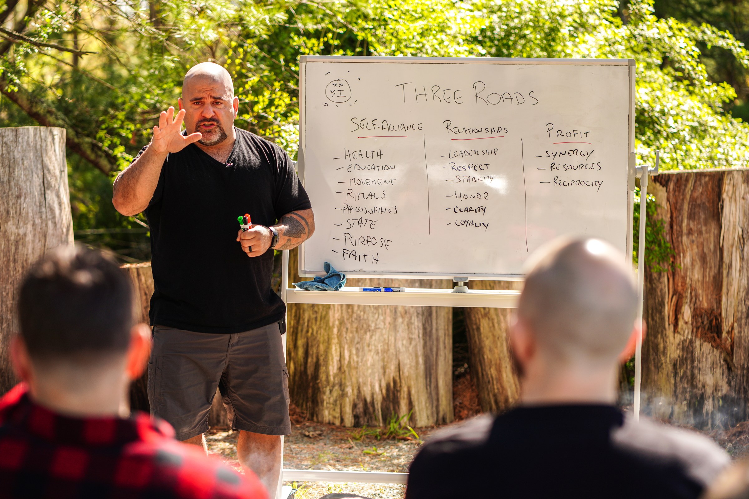 Master Chim teaching the Three Roads at an outdoor whiteboard to two men
